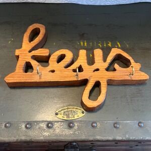 Vintage Wooden Keys Wall Hanging Hook Rack Cursive Script Entryway Organizer